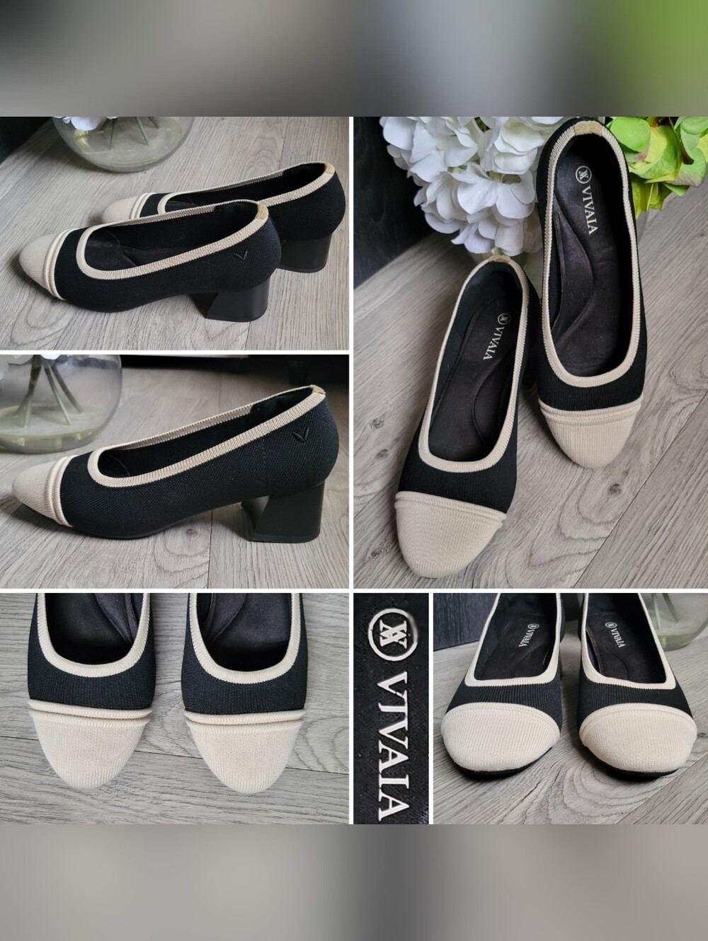 Vivaia Julie Pro Black & Beige Tuxedo Almond Toe Chunky Heel Pumps, US 6, EU 36